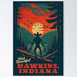 Visit Hawkins Indiana - National park style vintage WPA travel art - Stranger Things fan art satire 12" x 18" Print Poster
