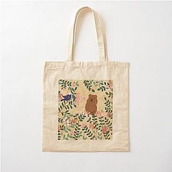 Quokka and Australian Flora Pattern Illustration Cotton Tote Bag by Suki McMaster
