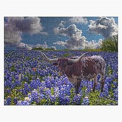 Texas Longhorn in a Field of Bluebonnet Jigsaw Puzzle