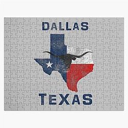 Dallas Texas with state flag and longhorn silhouette by Mortal Design Jigsaw Puzzle