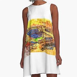 Darrell Royal-Texas Memorial Stadium in Austin at sunset pen and watercolor A Line Dress