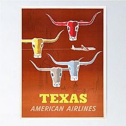 Vintage Texas Travel Poster - American Airlines Art - Mid Century Longhorns Airplane - Retro Wall Decor - Texas Adventure Poster
