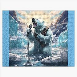 Mecata the bear sings on the microphone in the ice cave puzzle