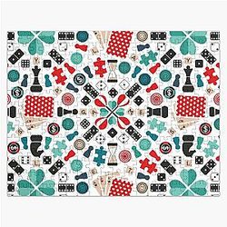 Jigsaw Puzzle with white game pieces and black, brown, mint, red, teal backgrounds