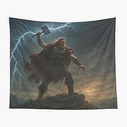 Thor with Mjolnir Summoning Lightning Epic Viking God Wall Art Tapestry