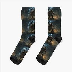 Thor with Mjolnir Summoning Lightning - Epic Viking God Wall Art Socks