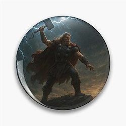 Thor with Mjolnir Summoning Lightning Epic Viking God Wall Art Pin