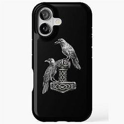 Thor Hammer Mjolnir with Odin Ravens Hugin and Munin iPhone Tough Case