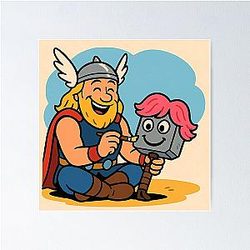 Thor Decorating Mjolnir – Funny Norse Cartoon Poster