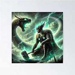Thor vs. Jormungandr Norse Mythology Battle Viking Art Poster