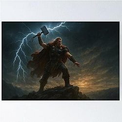 Thor with Mjolnir Summoning Lightning Epic Viking God Wall Art Poster
