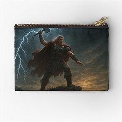 Thor with Mjolnir Summoning Lightning Epic Viking God Wall Art Zipper Pouch
