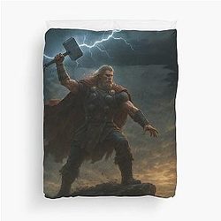 Thor with Mjolnir Summoning Lightning Epic Viking God Wall Art Duvet Cover