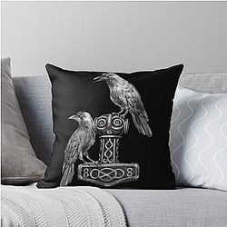 Thor Mjölnir with Odin Ravens Hugin Munin Throw Pillow