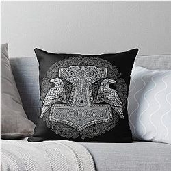 Norse Viking Thor's Raven Hammer Mjolnir Norse Pagan Knotwork Ravens Throw Pillow