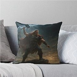 Thor with Mjlnir Summoning Lightning – Epic Viking God Wall Art Throw Pillow