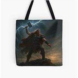 Thor with Mjolnir Summoning Lightning Epic Viking God Wall Art Tote Bag