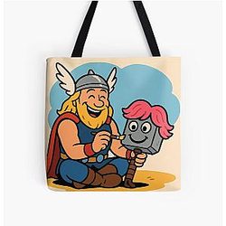 Thor Decorating Mjolnir Funny Norse Cartoon All Over Print Tote Bag