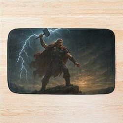 Thor with Mjolnir Summoning Lightning - Epic Viking God Wall Art Bath Mat