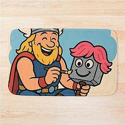 Thor Decorating Mjolnir - Funny Norse Cartoon Bath Mat