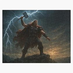 Thor with Mjolnir Summoning Lightning - Epic Viking God Wall Art Jigsaw Puzzle
