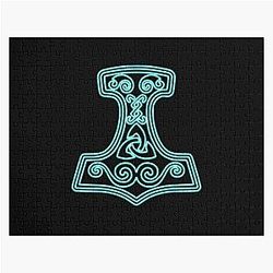 Thor Hammer - Mjolnir - Blue Neon Jigsaw Puzzle