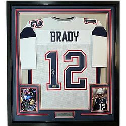 Framed Autographed Tom Brady New England White Reprint Laser Auto Football Jersey Size Men's XL