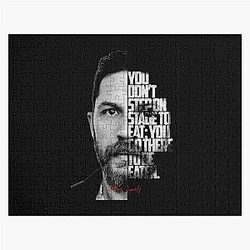 Black and white poster of Tom Hardy with a Jigsaw quote