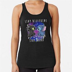 Toothless and Stitch Stay Weird Short Sleeve Racerback Tank Top