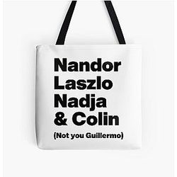 Nandor Laszlo and Nadja or Colin (Not you Guillermo) - What We Do In the Shadows Black Text Graphic All Over Print Tote Bag