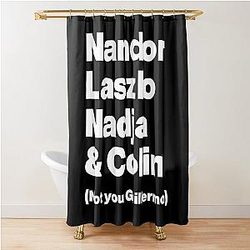Nandor Laszlo Nadja and Colin - What We Do In the Shadows - White Text Graphic Shower Curtain