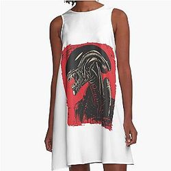 Red Xenomorph Horror Art Sci-Fi Alien Illustration A Line Dress