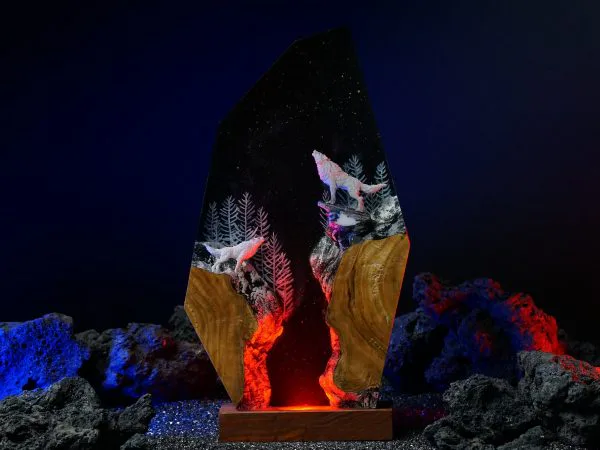 Aurora Borealis Night Light, Howling Wolf Northern Resin Lamp, Diorama Lamp, Hunter's Moon Epoxy Lamp, Home Decor, Birthday Gift