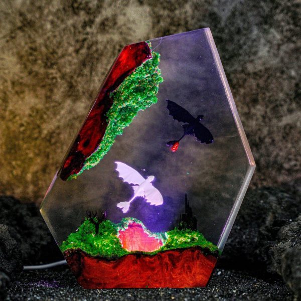 How to Train Your Dragon Night Light, Handmade Resin Lamp Featuring Toothless & Light Fury | Fantasy LED Diorama for Fans, Collectors